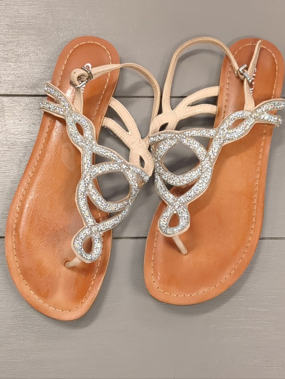 Women's Beige Sandals with Rhinestone Detail